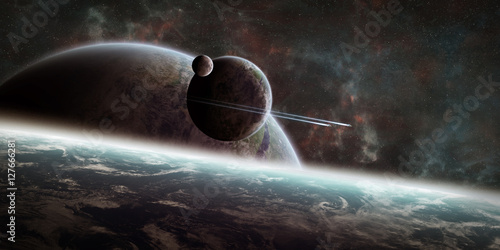 Fototapeta Naklejka Na Ścianę i Meble -  Sunrise over distant planet system in space 3D rendering element