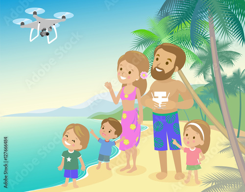 Big family mom dad and three children kids boy girl on vacation seashore ocean sea with quadcopter drone taking photo vector flat cartoon
