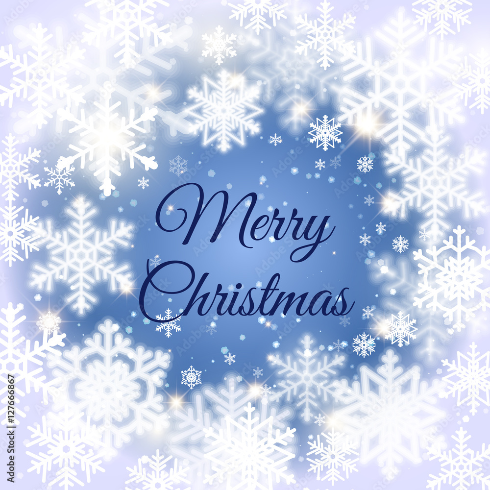 Merry Christmas message and light background with snowflakes. Vector illustration Eps 10.