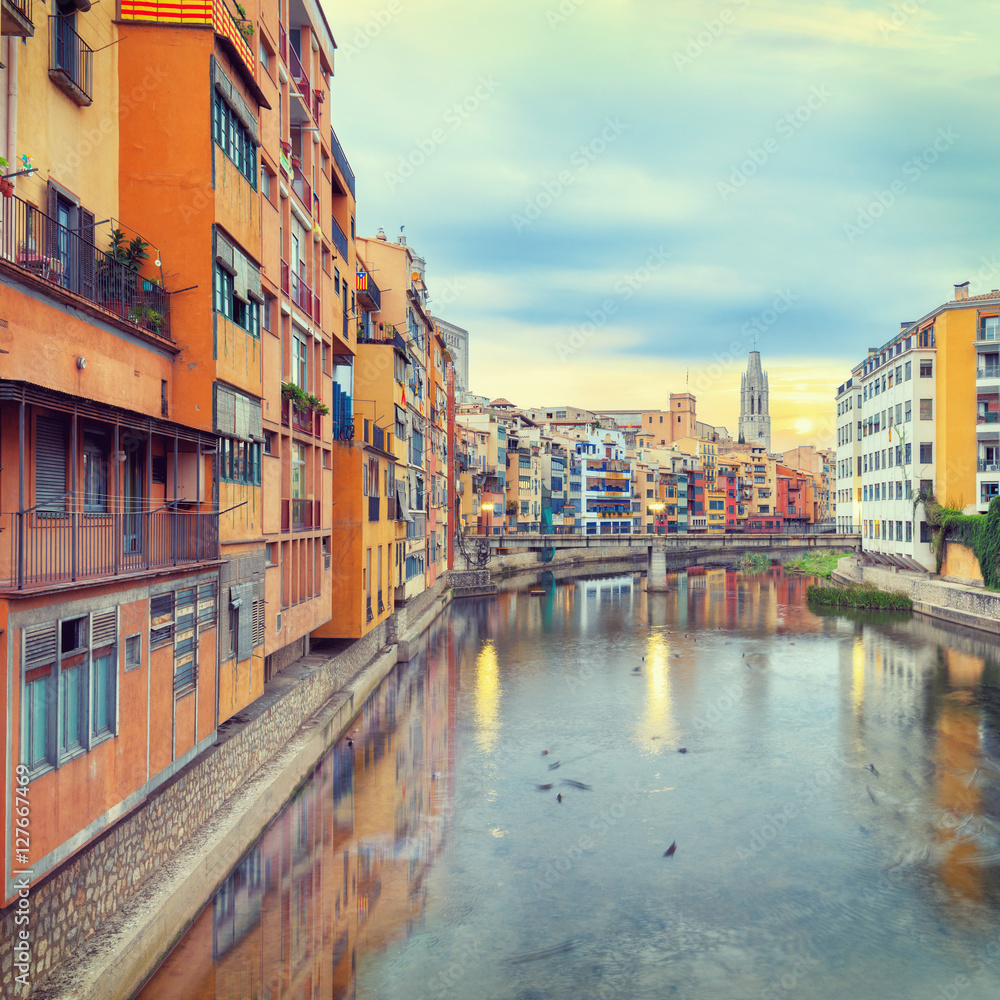 historical jewish quarter in Girona, view of the river at sunrise, Barcelona, Spain, Catalonia