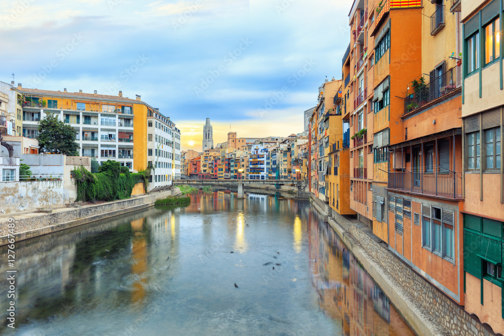 historical jewish quarter in Girona, view of the river at sunrise, Barcelona, Spain, Catalonia