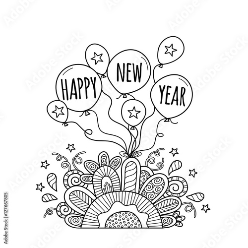 Happy New Year Balloons with the words happy new year, stars, doodles, swirls and sparkles on a white background, vector illustration.