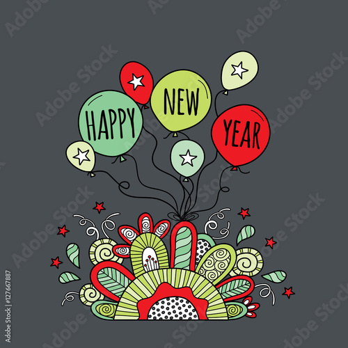 Happy New Year Balloons with the words happy new year, stars, doodles, swirls and sparkles on a dark background, vector illustration.