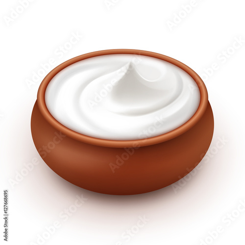 Ceramic Pot of Sour Cream Sauce Mayonnaise Ice Cream Isolated on White Background