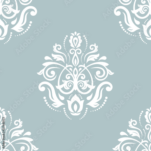 Damask vector classic blue and white pattern. Seamless abstract background with repeating elements