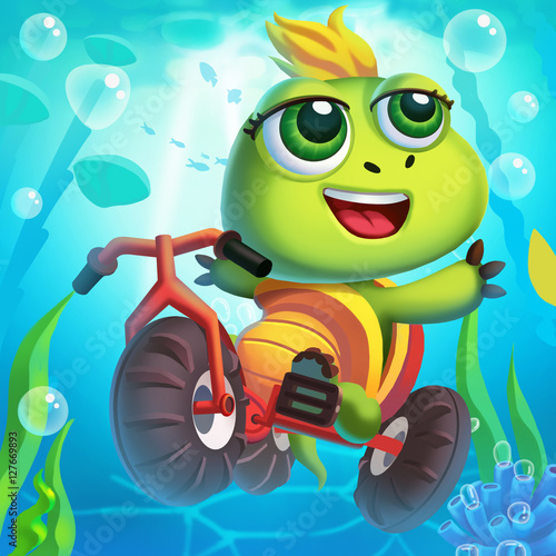 The Little Turtle Rides a Bicycle Underwater! Video Game's Digital CG Artwork, Concept Illustration, Realistic Cartoon Style Background and Character Design 