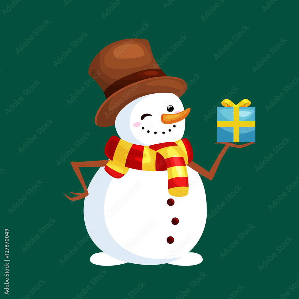 christmas white snowman in hat and scarf with winter xmas present for celebration new year vector illustration christmas white snowman in hat and scarf with winter xmas present for celebration new year vector illustration