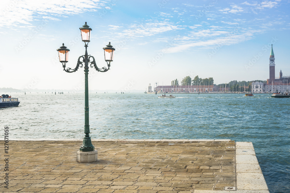 Venice, morning, pier, lantern, sea
