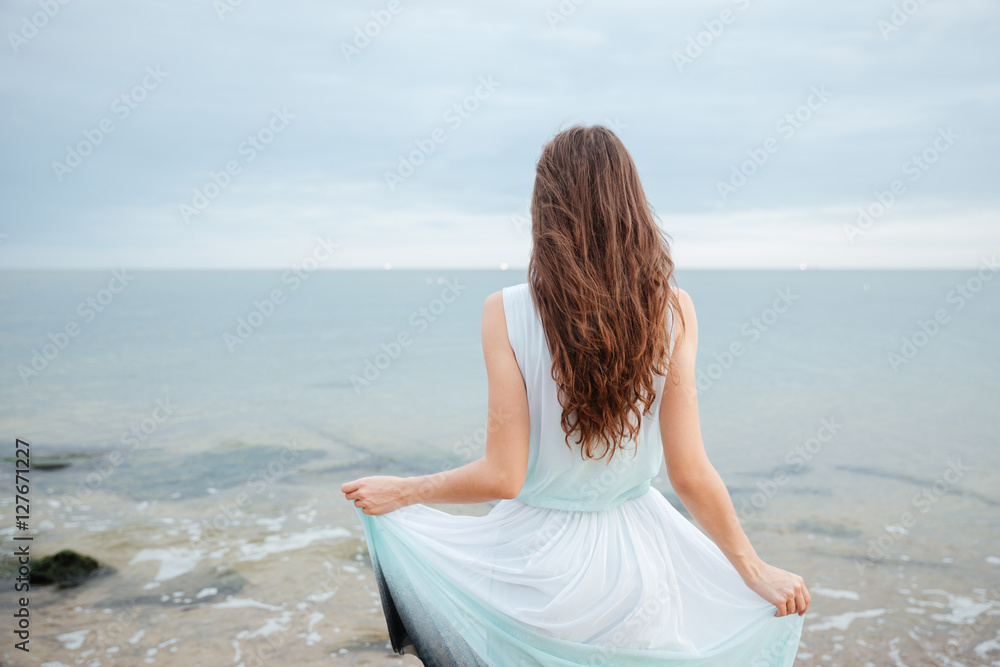 Back view of beautiful young woman standing on the beach