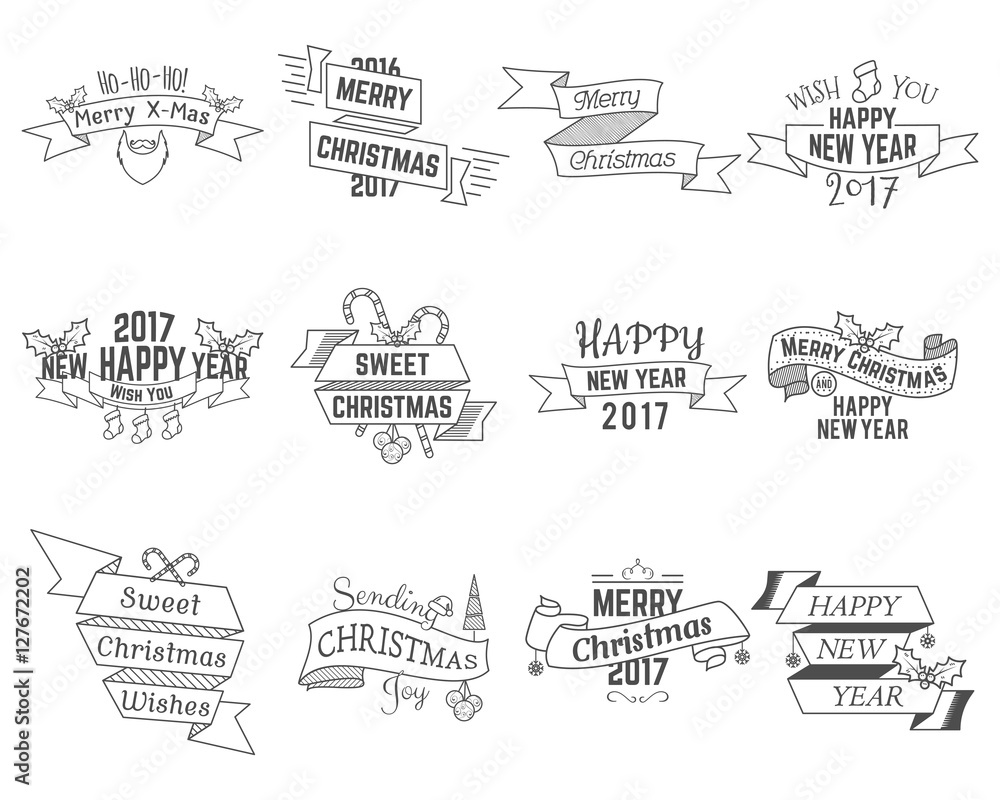 Happy Christmas wishes collection with ribbons and holiday symbols, elements - santa beard, sweets,  tree, toys. Retro colors. Vector isolated bundle