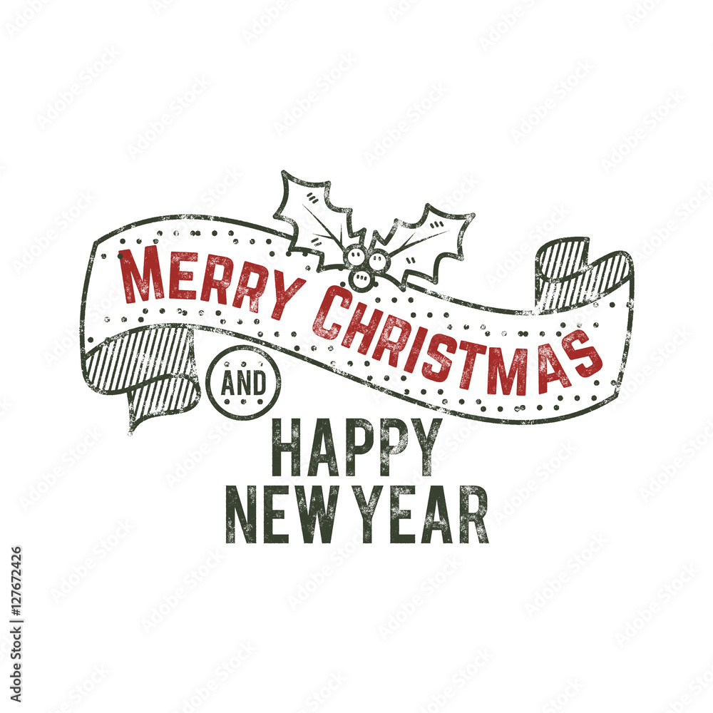Merry Christmas and happy New Year typography wish sign. Vector illustration of  calligraphy label. Use for holiday photo overlays, tee designs,   card  so on.