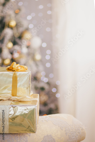 Presents under the Christmas tree background. Holiday mood photo