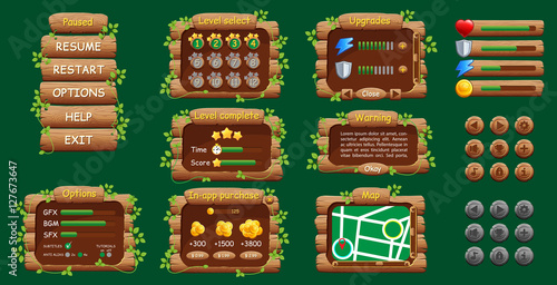 Graphical user Interface GUI for mobile game or app. Design, buttons and icons. Vector illustration.