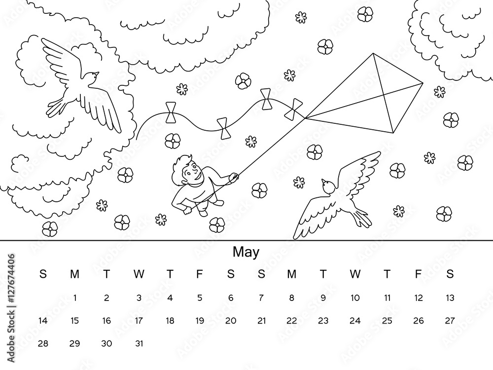 Calendar with coloring book vector illustration Stock Vector | Adobe Stock