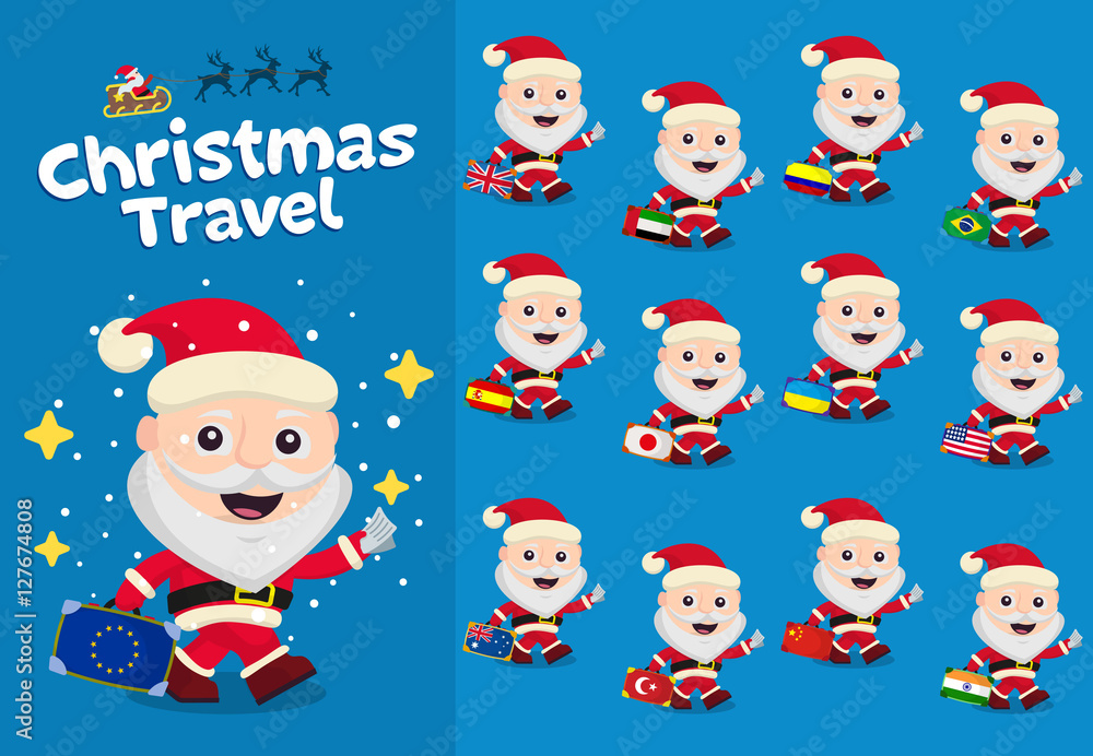 Christmas travel. Santa Claus carrying a suitcase. Characters cute flat. Suitcase with different country flags. Flags Britain, UAE, China, India, Japan, USA. Flat icons. vector illustration Christmas travel. Santa Claus carrying a suitcase. Characters cute flat. Suitcase with different country flags. Flags Britain, UAE, China, India, Japan, USA. Flat icons. vector illustration