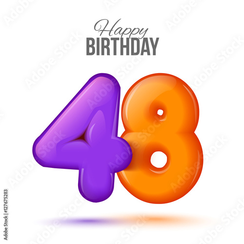 forty eight birthday greeting card template with 3d shiny number forty eight balloon on white background. Birthday party greeting, invitation card, banner with number 48 shaped balloon photo