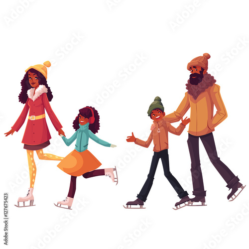 Happy black father, mother, sister and son ice skating together, cartoon vector illustrations isolated on white background. African American cheerful cartoon style family skating, winter activity