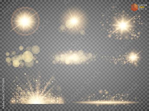 Golden glitter bokeh lights and sparkles. Shining star, sun particles  sparks with lens flare effect on transparent background