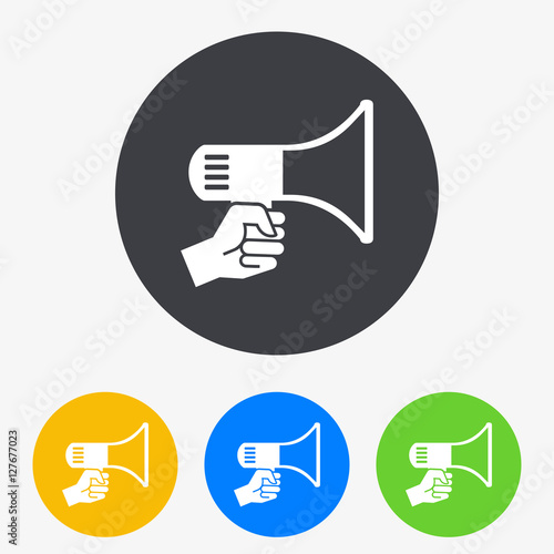 Icono plano mano con megafono en circulo varios colores
