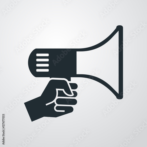 Icono plano mano con megafono en fondo degradado