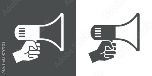 Icono plano mano con megafono gris y blanco