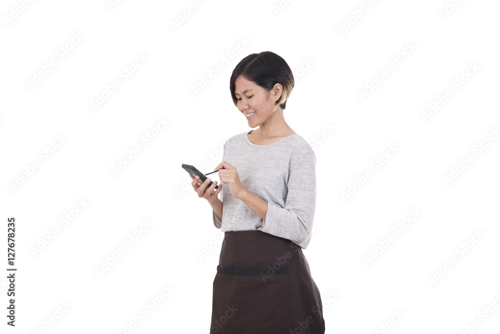 warehouse manager hand holding calculator isolated on white background. warehouse manager hand holding calculator isolated on white background.