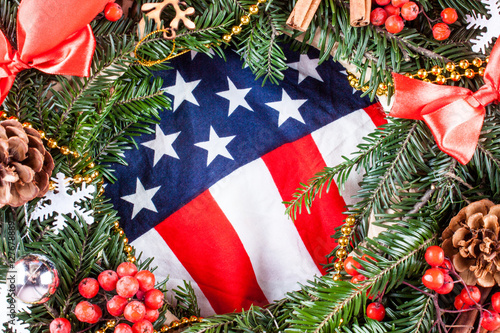American flag and christmas tree. 