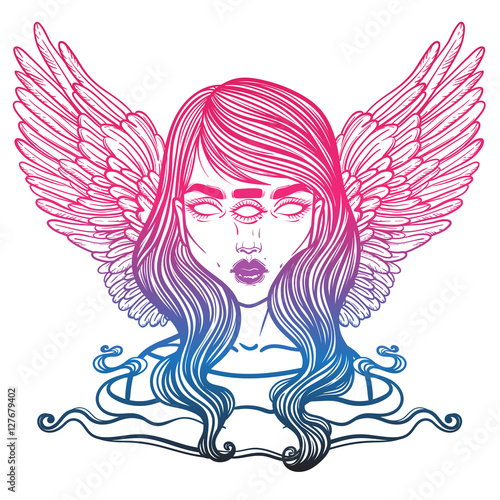 Portrait of mystic angel or demon of death in the form of a girl with three eyes. Vector illustration of a girl mutant. The oracle with three all-seeing eye. linear tattoo illustration