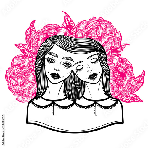 Portrait of mystic Siamese twins and a bouquet of peonies in the background. Vector illustration of a Siamese twins mutant. linear tattoo illustration