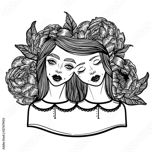 Portrait of mystic Siamese twins and a bouquet of peonies in the background. Vector illustration of a Siamese twins mutant. linear tattoo illustration