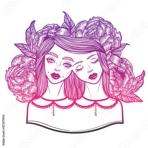 Portrait of mystic Siamese twins and a bouquet of peonies in the background. Vector illustration of a Siamese twins mutant. linear tattoo illustration