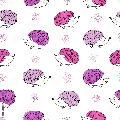 Fototapeta Wzór z słodkie jeże akwarela. Tło w kolorach różowym i fioletowym.