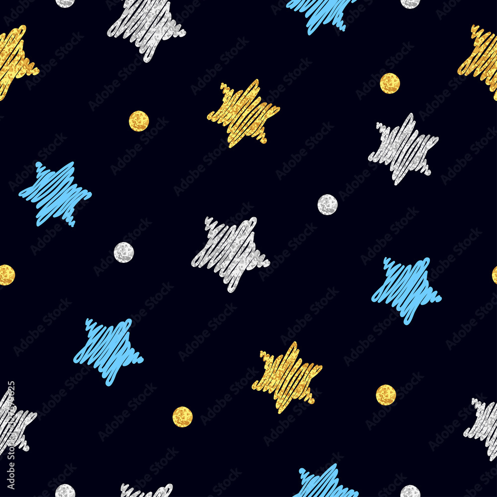 Sparkling stars seamless pattern. Vector background with doodle blue ...