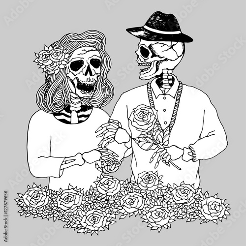 lover couple sugar skull day of the dead, vector hand drawn design illustration