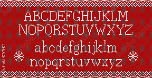 Christmas font. Knitted latin alphabet on seamless knitted pattern with snowflakes and fir. Nordic fair isle knitting, winter holiday sweater design. Vector Illustration.