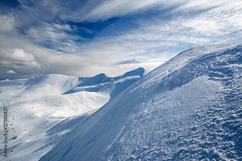 Winter mountains covered with snow. Carpathian mountains landscape.