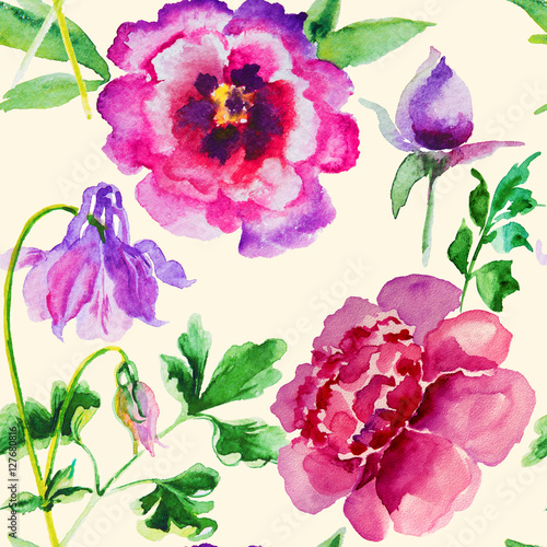 Fototapeta Naklejka Na Ścianę i Meble -  Pink, violet peony watercolor, bud