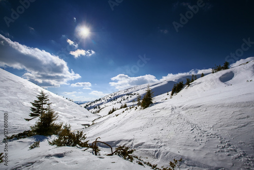 Sun shining in snowy winter Carpathian mountains. Beautiful mountain landscape. © Maxim Khytra