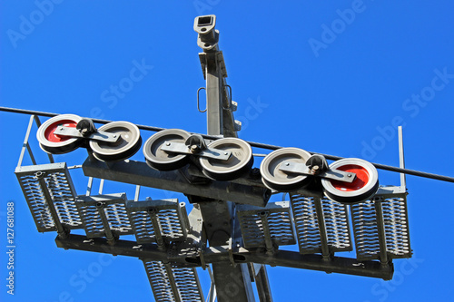 Detalle de poleas en movimiento del teleférico de Montjuic, Barcelona (España)
