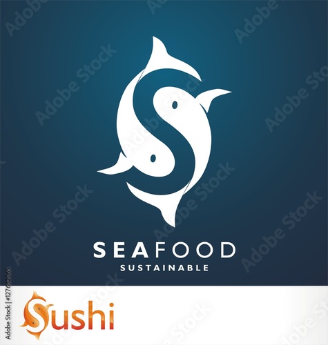 Fish symbol. Fresh seafood logo template design. Vector illustration. S logo. Letter S like fish symbol. Squid. Calamari. Clam. Crab. Shrimp. Lobster. Tuna. Salmon. Seafood restaurant.