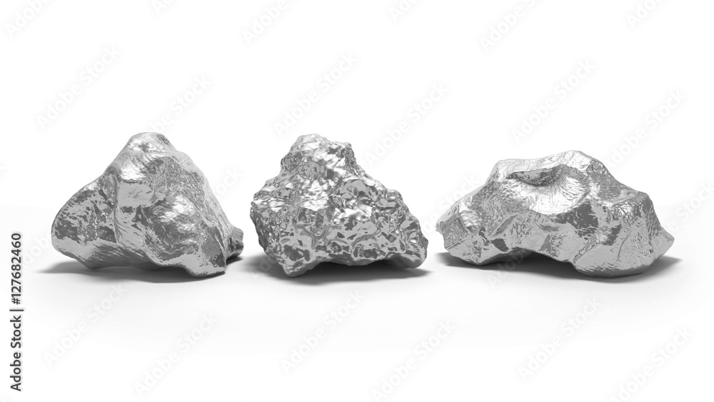 White silver nuggets on a white background. 3d render