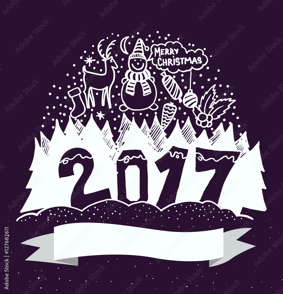 Merry christmas and Happy New Year typography design with hand drawing elements. Isolated vector illustration