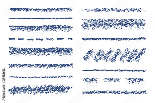 Set of blue wax crayon strokes isolated on white. Hand drawn pastel chalk circle stripes background. Vector kids hand painting texture design elements. 