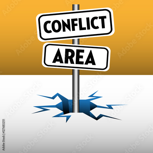 Abstract colorful background with two plates with the text conflict area coming out from an ice crack