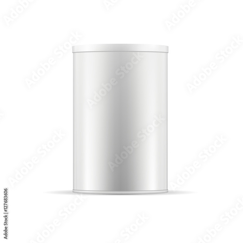 White tin can with lid. Realistic round container for dry products (tea, coffee, spice, sugar, cereals, cookies). Realistic vector mock up template. Food packaging collection.