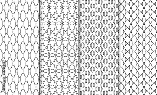 Collection of simple linear black and white geometric pattern textures. Set of 4 backgrounds. Seamless repeating retro style texture set.