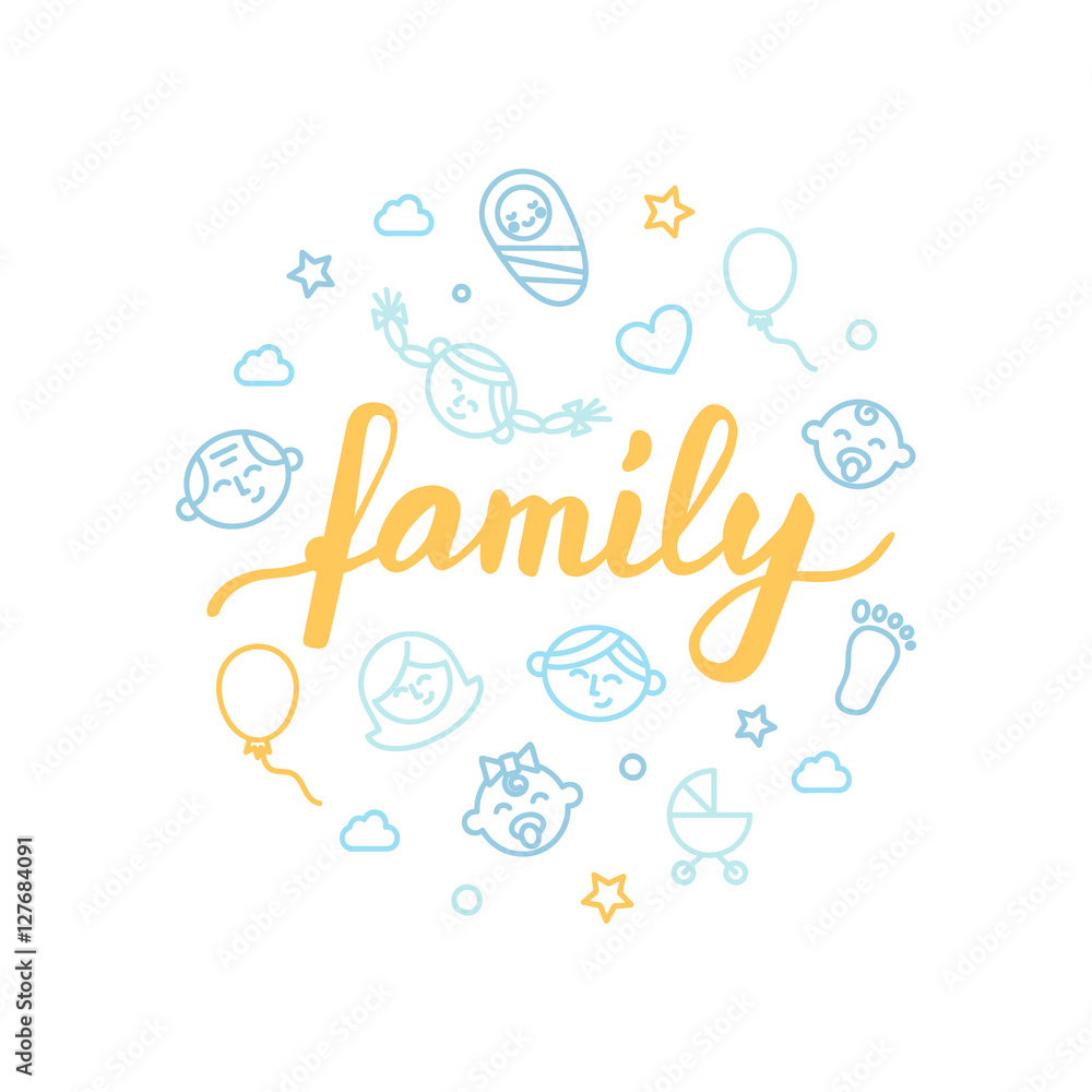 Family lettering with icons. Calligraphy font