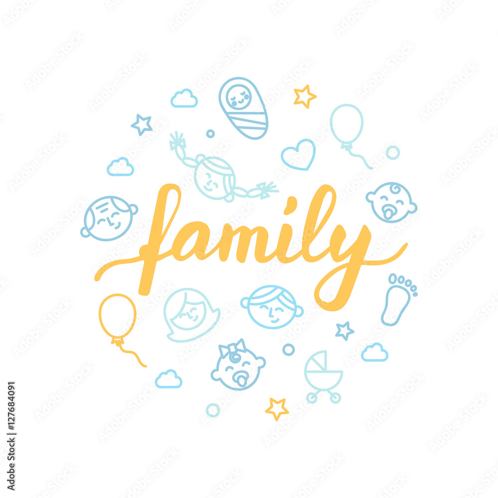 Family lettering with icons. Calligraphy font Family lettering with icons. Calligraphy font