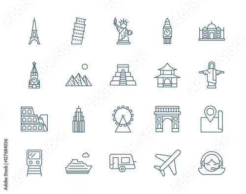 Set of landmarks, travel vector icons line style