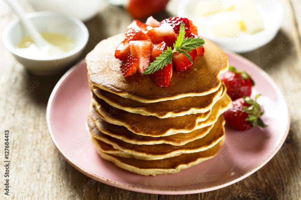 American pancakes with fresh strawberry and honey American pancakes with fresh strawberry and honey